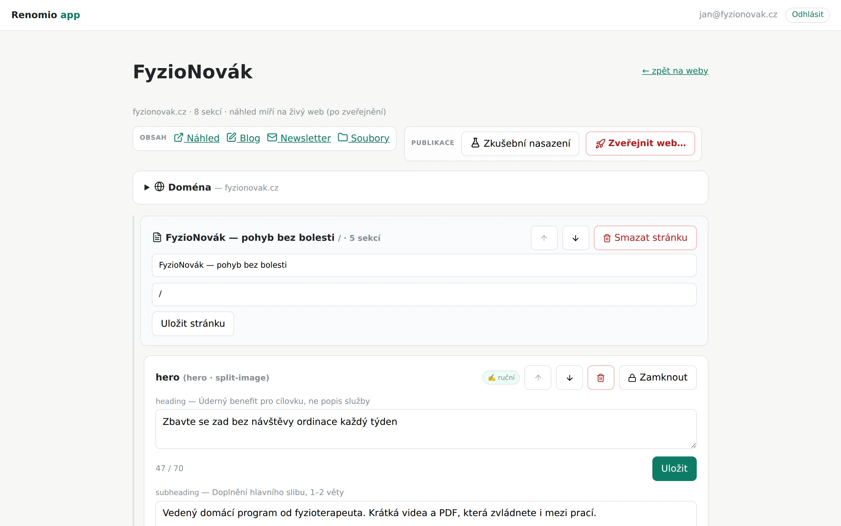 Správa webu v Renomiu — sekce a texty upravíte bez kódu