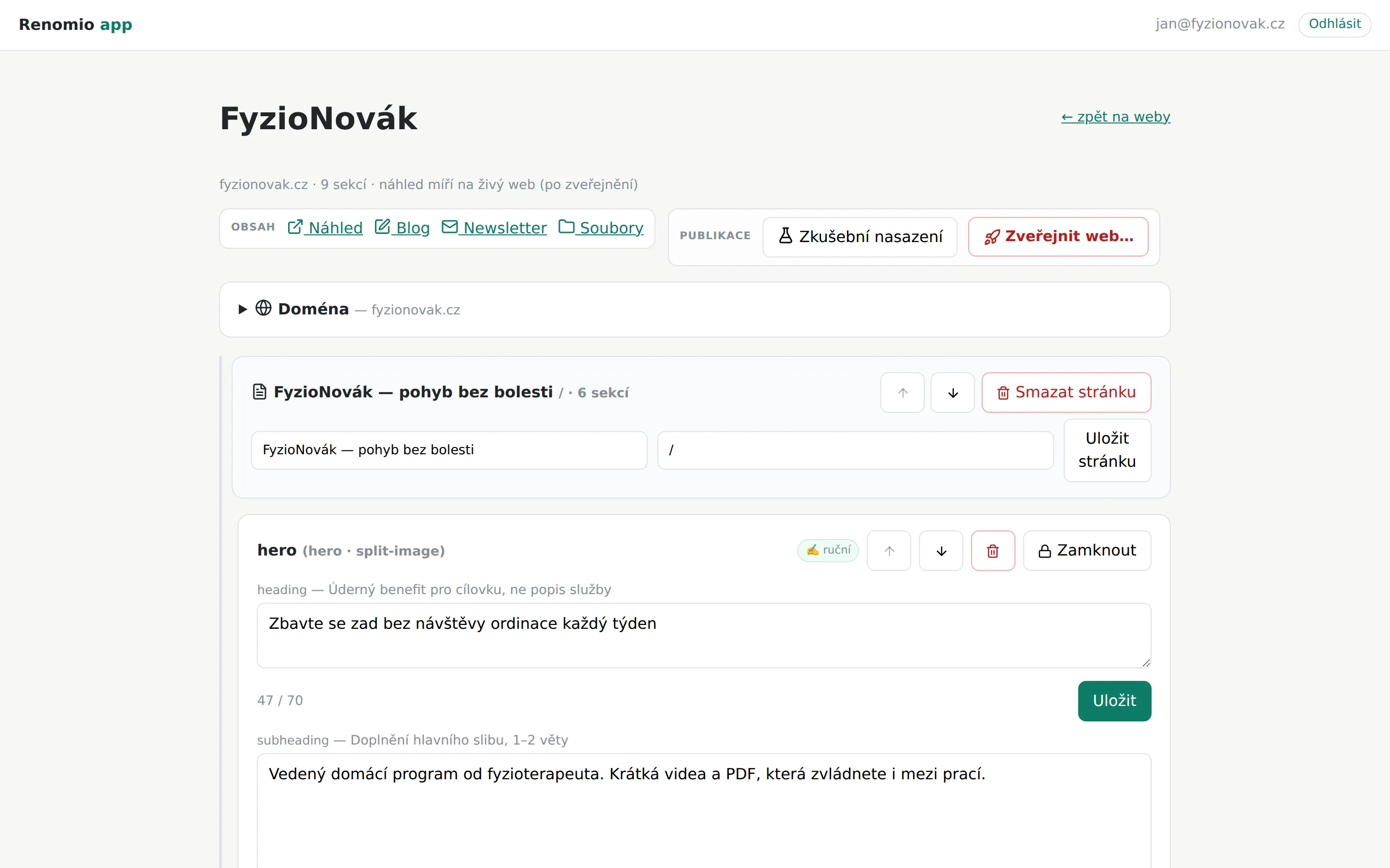 Správa webu v Renomiu — sekce a texty upravíte bez kódu